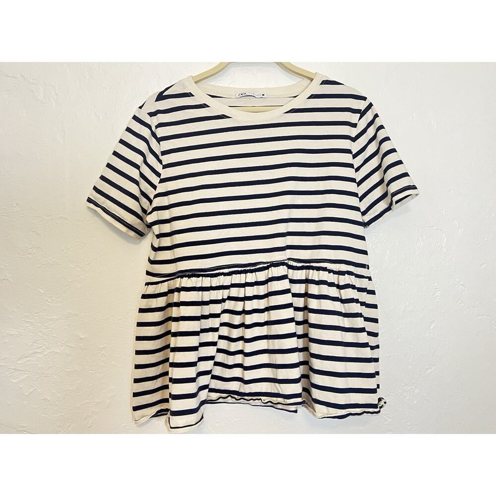 Zara Black‎ Navy Striped Peplum Ruffle Hem Short Sleeve Top Small